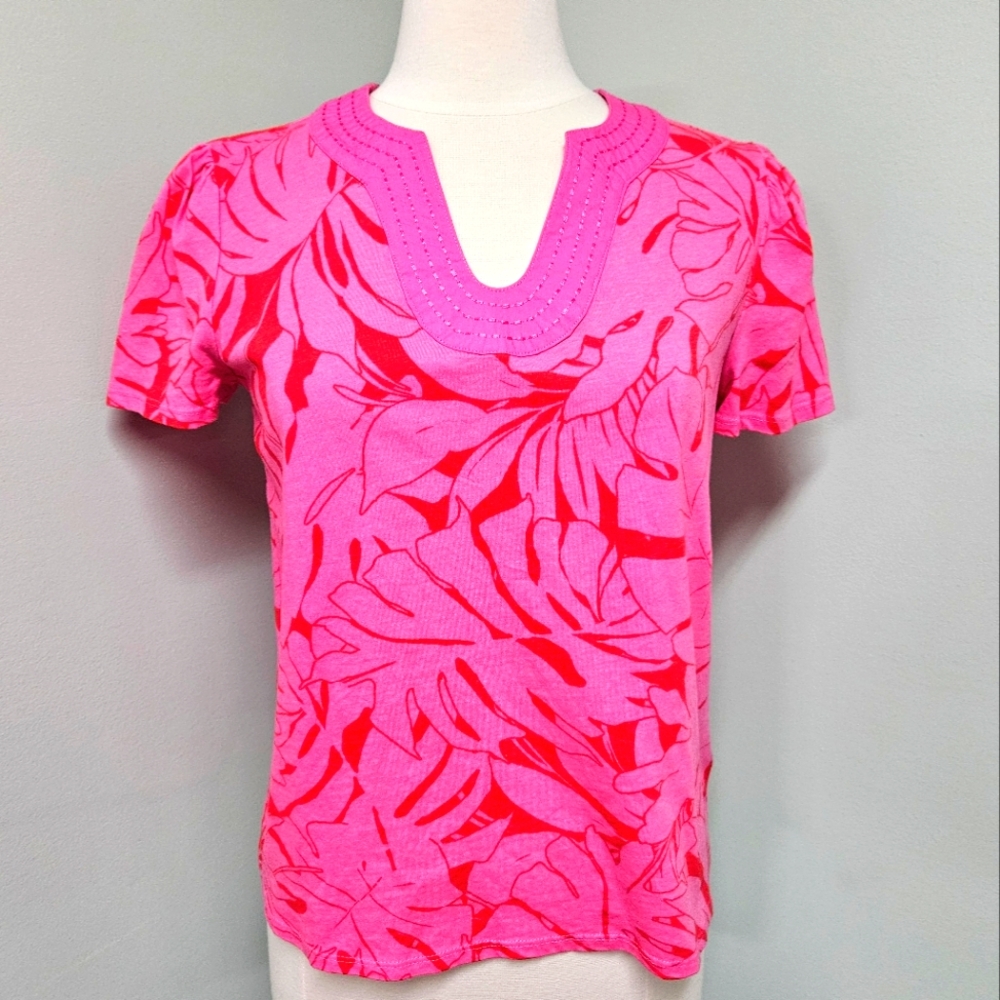 Rafaella V-Neck Short Sleeve Top Carmine Rose Pink Size Small